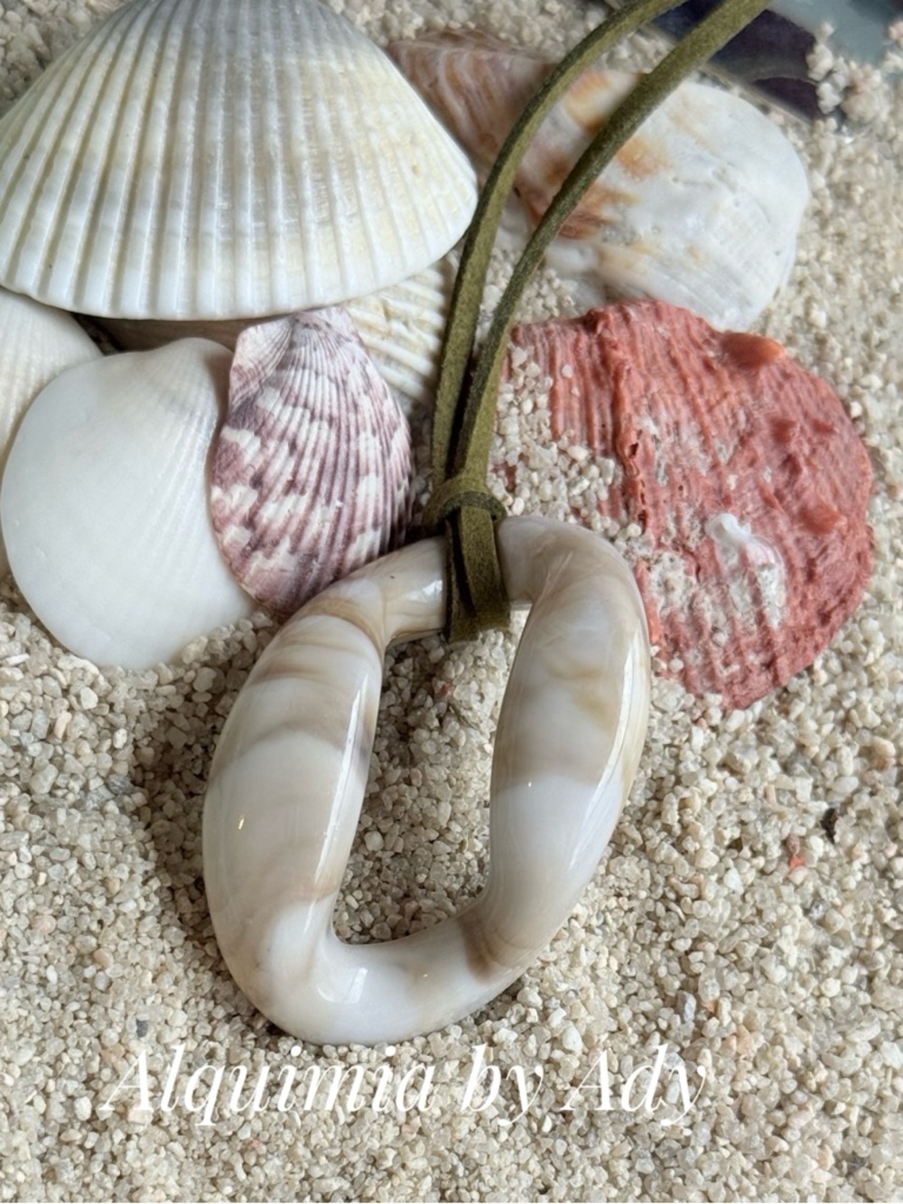 MONUMENTAL SHELL 🐚 Olive Suede Cord with Cream Marble Resin Loop Pendant